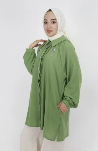 Pointed Stone Chain Linen Fabric Tunic Shirt 20540-03 Green 20540-03