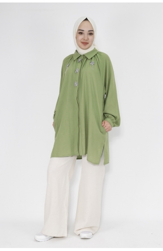 Puane Taşli Zincirli Keten Kumaş Tunik Gömlek 20540-03 Yeşil