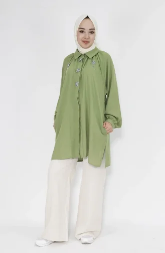 Pointed Stone Chain Linen Fabric Tunic Shirt 20540-03 Green 20540-03