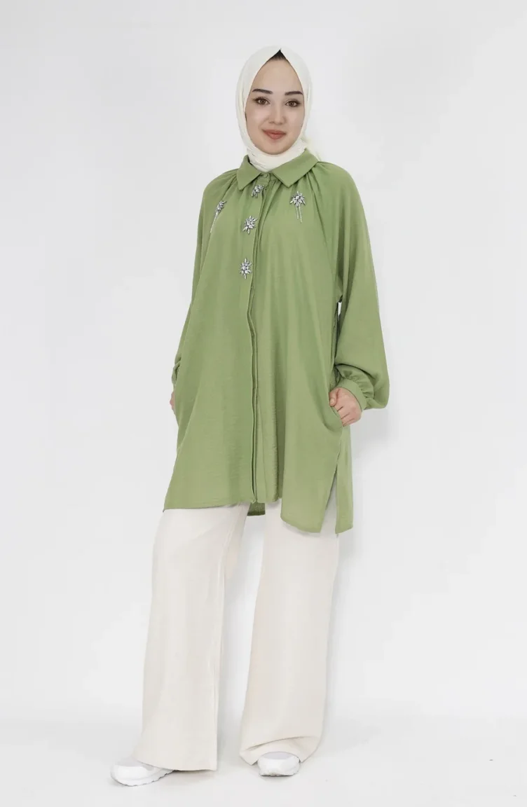 Pointed Stone Chain Linen Fabric Tunic Shirt 20540-03 Green 20540-03