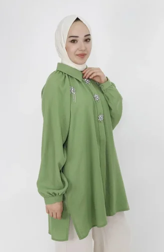 Pointed Stone Chain Linen Fabric Tunic Shirt 20540-03 Green 20540-03