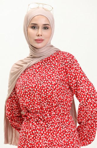 Geblümtes Kleid mit Gürtel 0013-01 Rot 0013-01