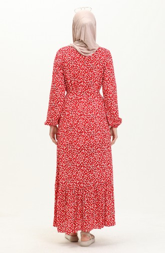 Geblümtes Kleid mit Gürtel 0013-01 Rot 0013-01