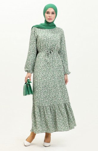 Çiçekli Kuşaklı Elbise 0013-02 Çağla Yeşili