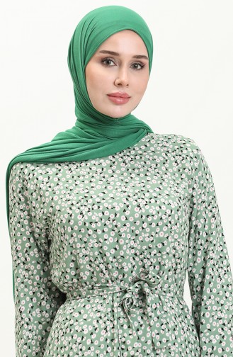 Çiçekli Kuşaklı Elbise 0013-02 Çağla Yeşili