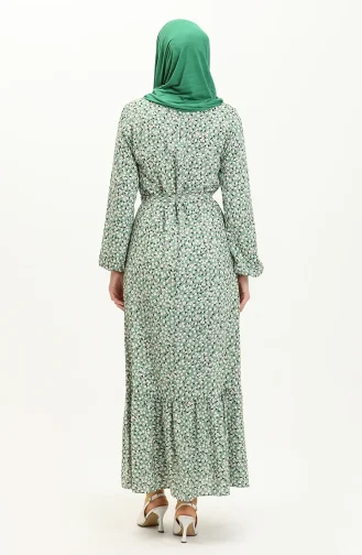 Geblümtes Kleid mit Gürtel 0013-02 Grün 0013-02