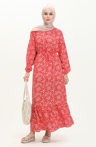 Geblümtes Kleid mit Gürtel 0014-03 Rot 0014-03