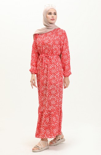 Geblümtes Kleid mit Gürtel 0014-03 Rot 0014-03