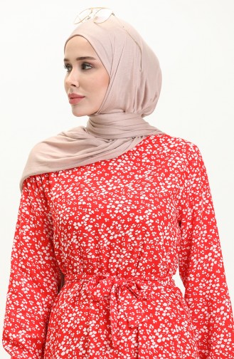 Geblümtes Kleid mit Gürtel 0014-03 Rot 0014-03