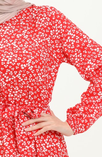 Geblümtes Kleid mit Gürtel 0014-03 Rot 0014-03