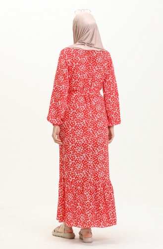Geblümtes Kleid mit Gürtel 0014-03 Rot 0014-03