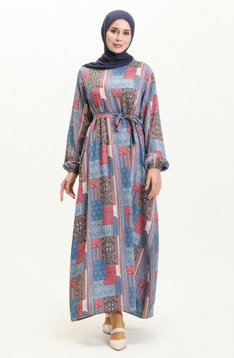 Viscose Print Pocketed Dress 0019-01 Blue Pink 0019-01