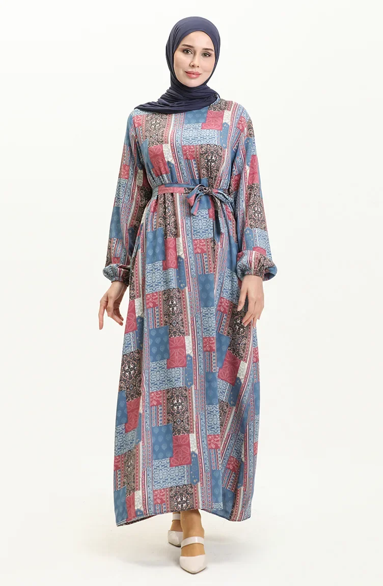 Gemustertes Taschenkleid Aus Viskose 0019-01 Blaurosa 0019-01
