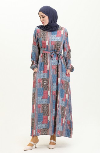 Viscose Print Pocketed Dress 0019-01 Blue Pink 0019-01