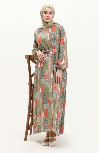 Viscose Print Pocketed Dress 0019-02 Green Orange 0019-02