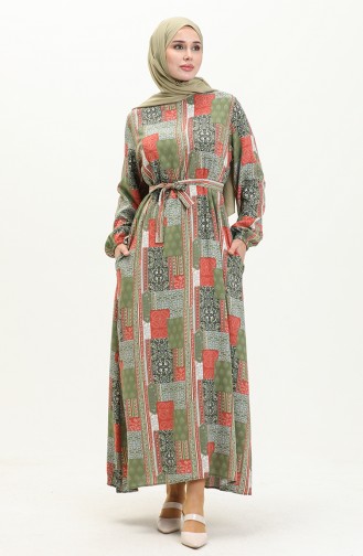 Viscose Print Pocketed Dress 0019-02 Green Orange 0019-02