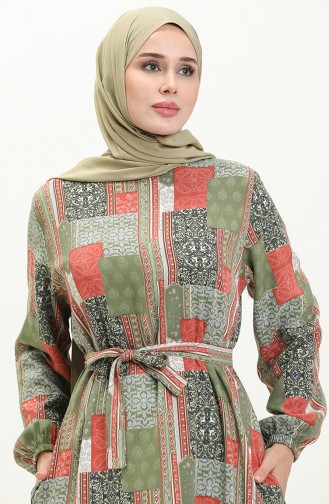 Viscose Print Pocketed Dress 0019-02 Green Orange 0019-02