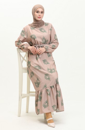 Shirred Hem Printed Dress 0023-01 Mink 0023-01