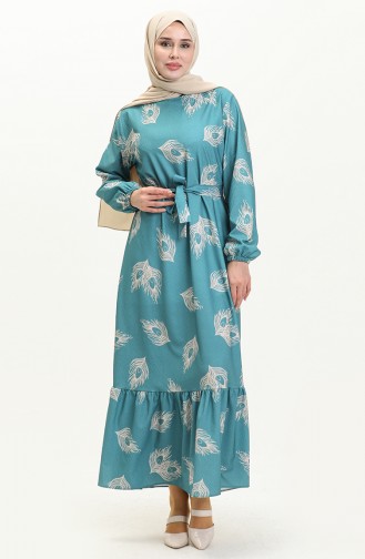 Shirred Hem Printed Dress  0023-02 Green 0023-02