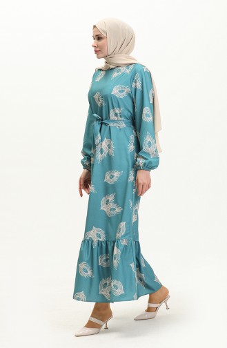 Shirred Hem Printed Dress  0023-02 Green 0023-02