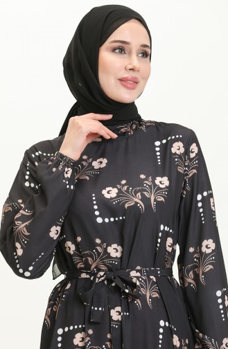 Robe Ceinturée à Motif 0026-03 Noir 0026-03