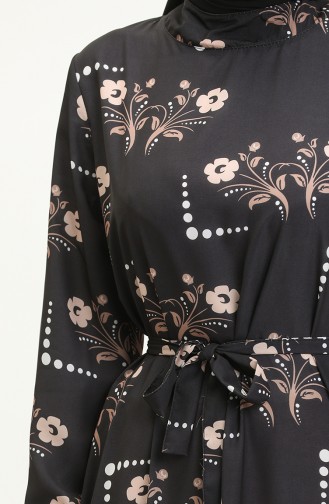 Çiçek Desenli Kuşaklı Elbise 0026-03 Siyah