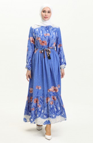 Shirred Print Dress 0035-01 Indigo 0035-01