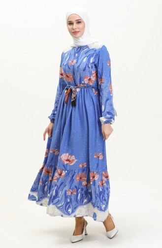 Robe Plissée à Motifs 0035-01 İndigo 0035-01