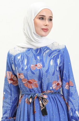 Shirred Print Dress 0035-01 Indigo 0035-01