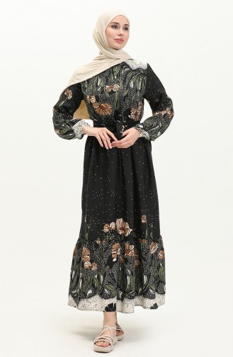 Gerafftes gemustertes Kleid 0035-02 Schwarz 0035-02