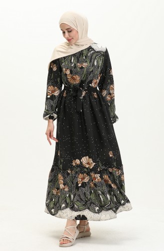 Gerafftes gemustertes Kleid 0035-02 Schwarz 0035-02
