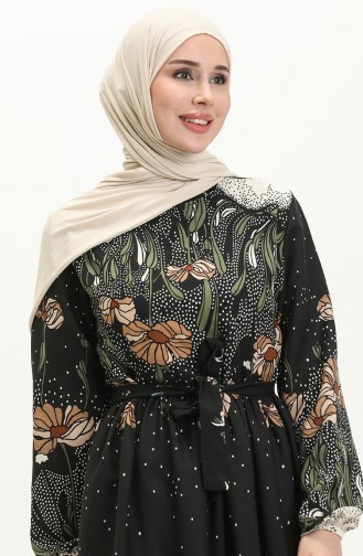 Gerafftes gemustertes Kleid 0035-02 Schwarz 0035-02