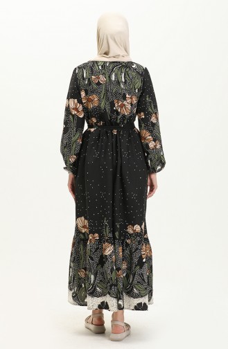 Gerafftes gemustertes Kleid 0035-02 Schwarz 0035-02