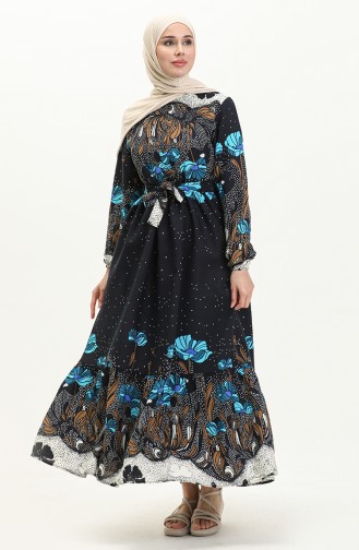 Shirred Print Dress 0035-03 Navy Blue 0035-03