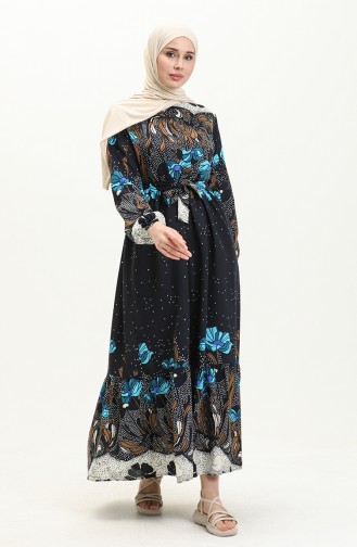 Shirred Print Dress 0035-03 Navy Blue 0035-03