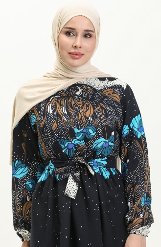 Shirred Print Dress 0035-03 Navy Blue 0035-03