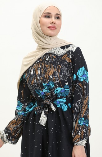 Shirred Print Dress 0035-03 Navy Blue 0035-03