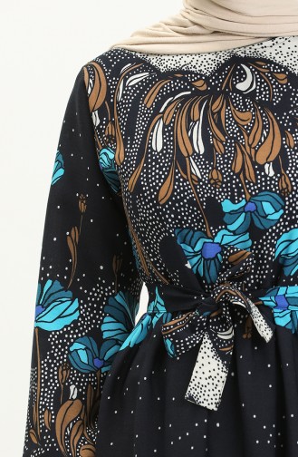 Shirred Print Dress 0035-03 Navy Blue 0035-03