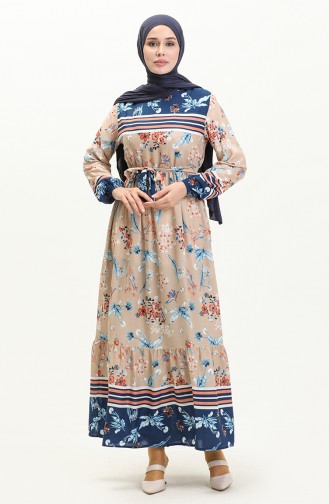 Floral Print Belted Dress 0036-01 Indigo Mink 0036-01