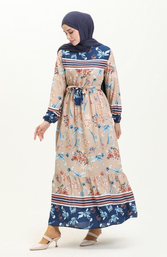 Floral Print Belted Dress 0036-01 Indigo Mink 0036-01