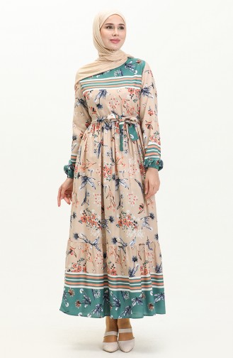 Floral gemustertes Kleid mit Gürtel 0036-03 Grün Nerz 0036-03