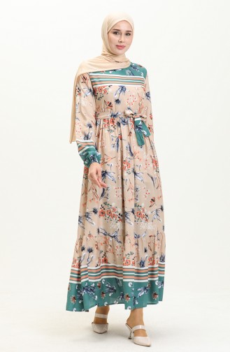 Floral gemustertes Kleid mit Gürtel 0036-03 Grün Nerz 0036-03