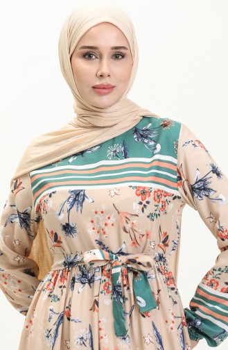 Floral gemustertes Kleid mit Gürtel 0036-03 Grün Nerz 0036-03