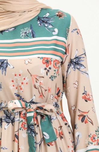 Floral gemustertes Kleid mit Gürtel 0036-03 Grün Nerz 0036-03