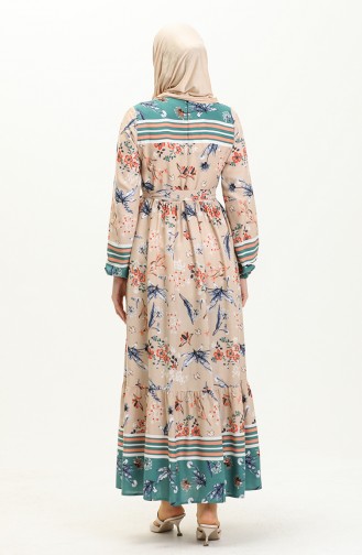 Floral gemustertes Kleid mit Gürtel 0036-03 Grün Nerz 0036-03