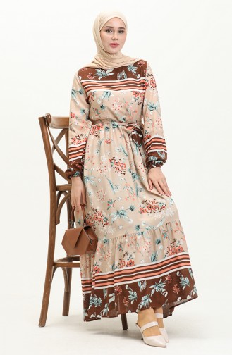 Floral Print Belted Dress 0036-04 Brown Mink 0036-04