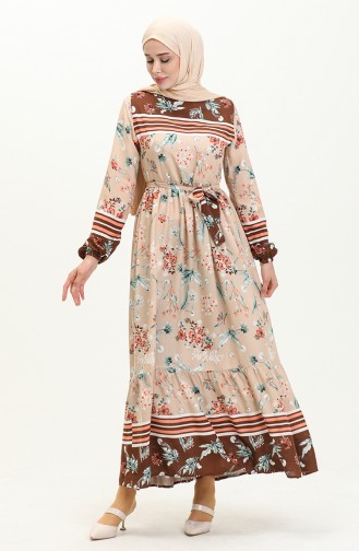 Floral Print Belted Dress 0036-04 Brown Mink 0036-04