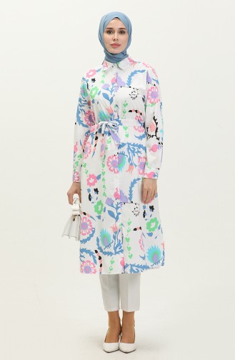 Desenli Kuşaklı Tunik 4426-01 Ekru Saks