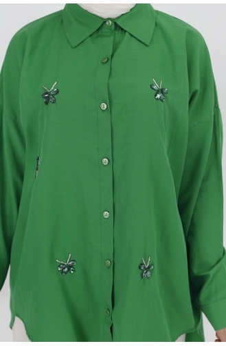 Taş Ve Boncuk İşlemeli Poplin Kumaş Gömlek 6999-02 Yeşil
