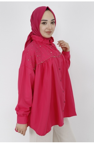 Yakasi Firfir Detayli Taşli Poplin Kumaş Gömlek 7120-03 Fuşya